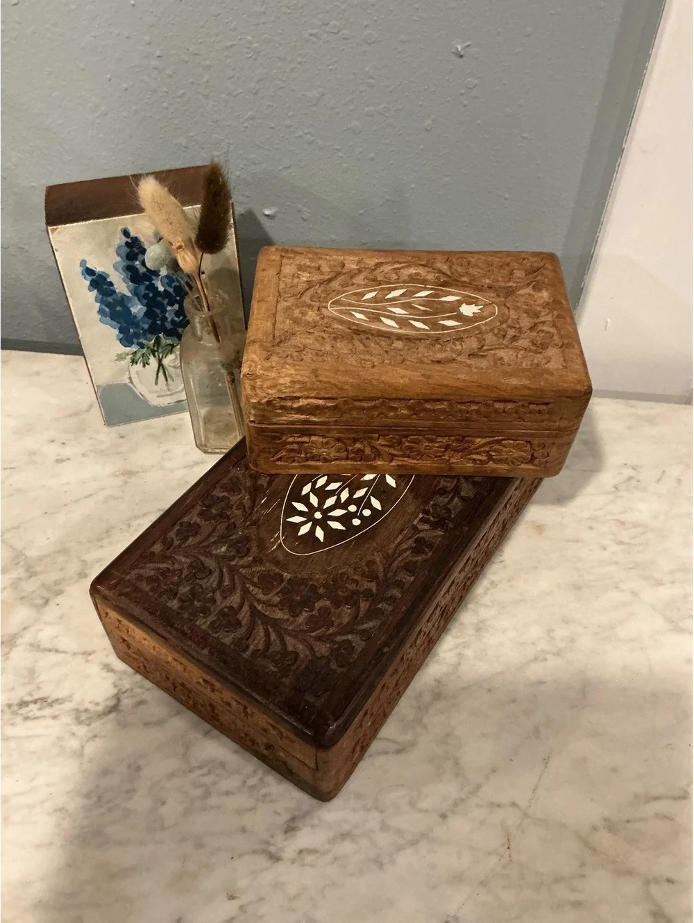 Vintage Indian Carved Wood Bone Inlay Box